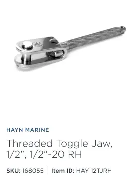 12tjrh Hayn Marine Threaded T - Bolt Toggle Jaw 1/2 20 Rh 12tjrh Hayn Marine Threaded T - Bolt Toggle Jaw 1/2 20 Rh