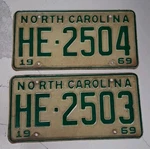 1969 North Carolina Nc License Plate Tag Consecutive HE-2503, 2504 A13 Used. Price: $31.99.